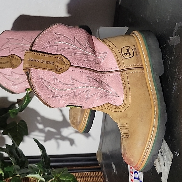 JOHN DEERE Pull On Pink Tan Leather Western Boots 12M Boys - Picture 6 of 15